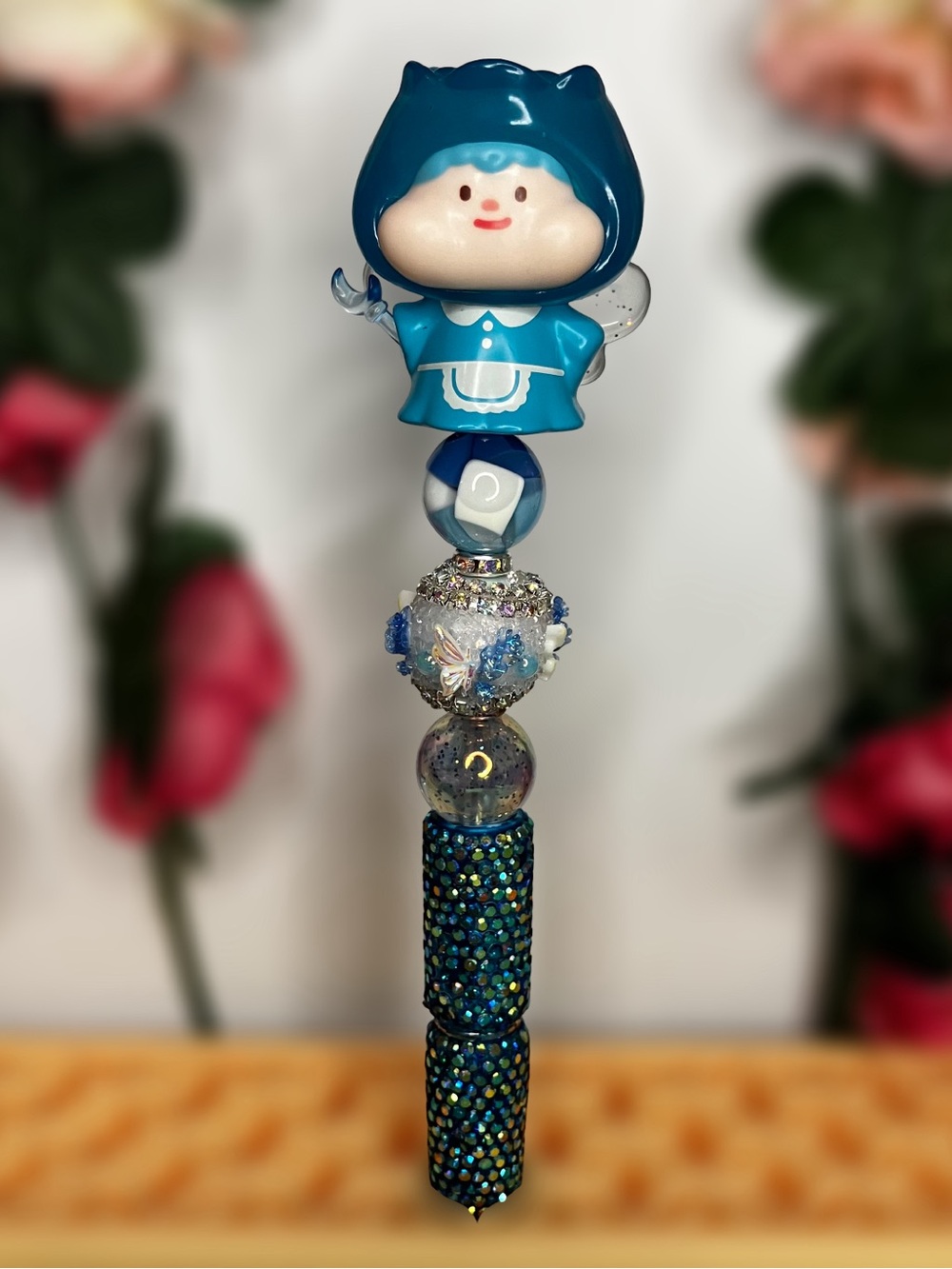Blue Flower Fairy Handmade Beaded Pen with Rhinestones & Butterfly Bead